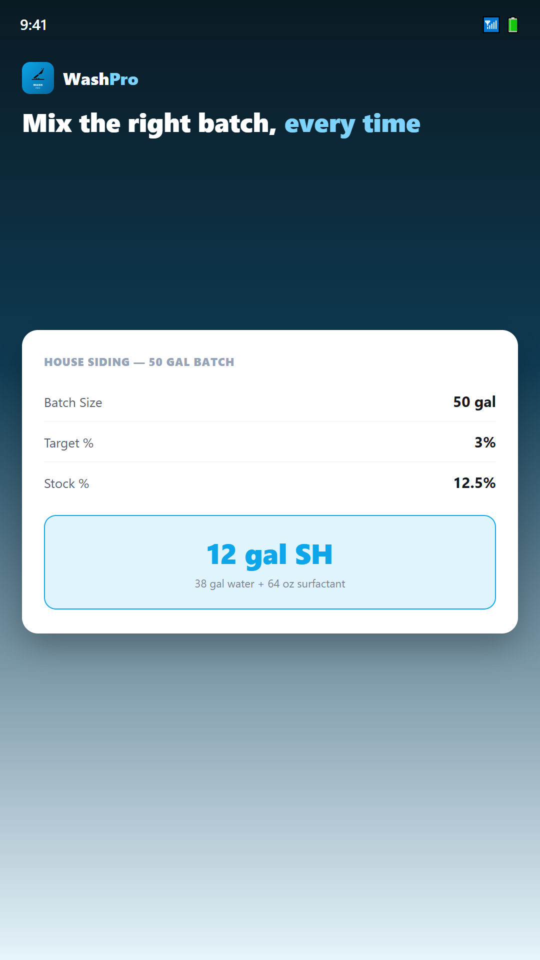 WashPro mix calculator screenshot